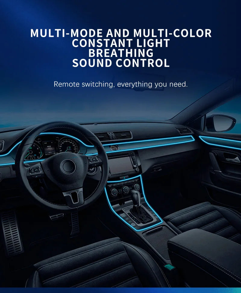 Car interior showing a steering wheel and dashboard with blue LED lighting accents.