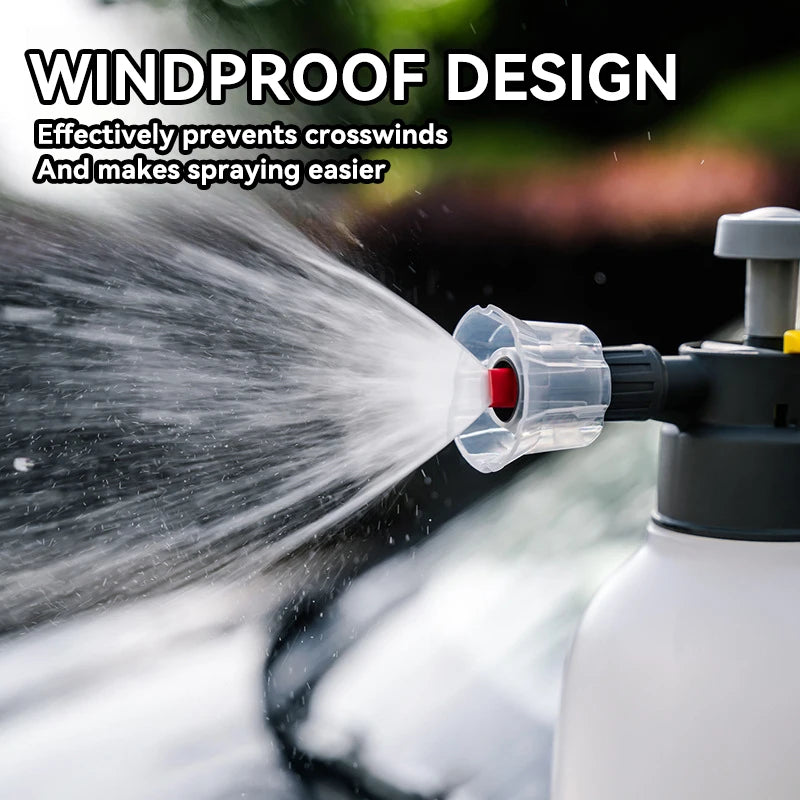 A close-up of a heavy duty hand pump foam sprayer effectively spraying a fine mist onto a surface.