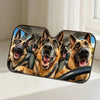 A set of dog-themed car windshield sunshades featuring several German Shepherd dogs.