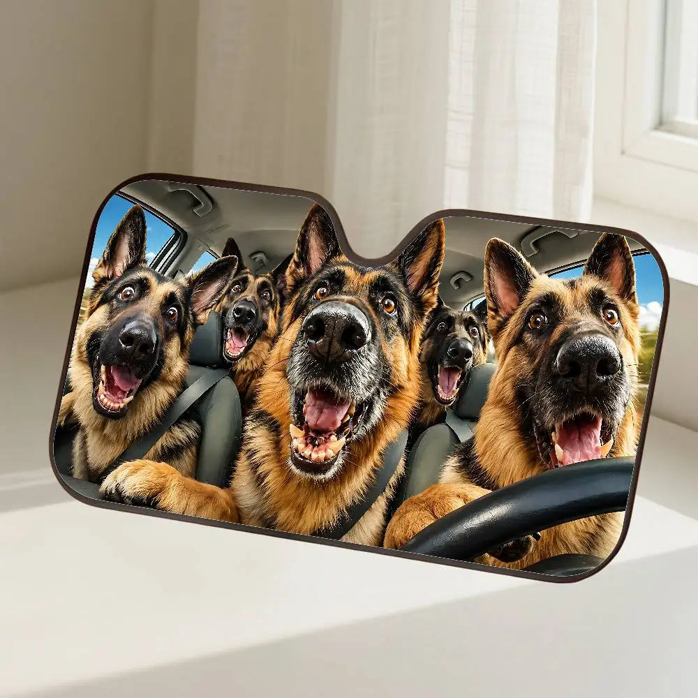 A dog-themed car windshield sunshade featuring four German Shepherd dogs looking out.