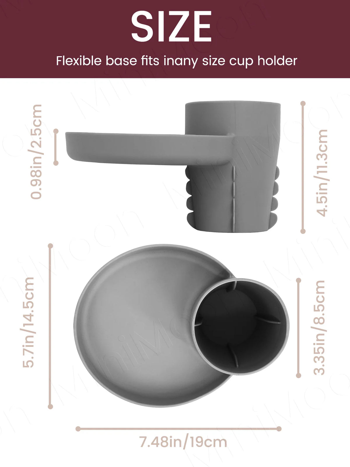 A gray flexible base fits an inany size cup holder, shown with a cylindrical piece and a round tray.