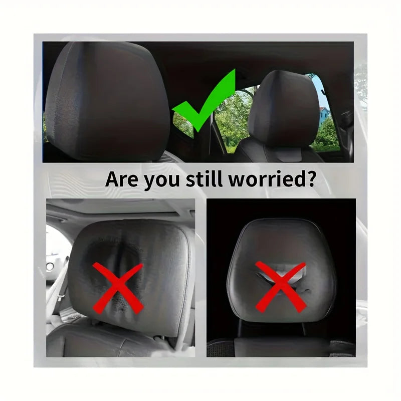 A comparison showing a covered car seat headrest, with a green checkmark indicating satisfaction and a red cross indicating w