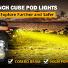 Three 3 inch cube pod lights for off-road driving, shown mounted on a vehicle in a rugged outdoor setting.