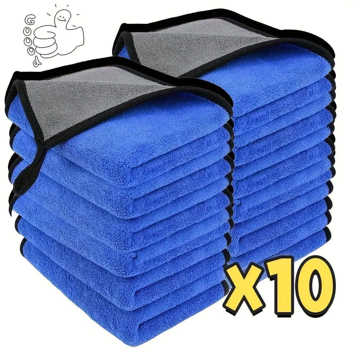 A stack of ten blue microfiber car cleaning towels with black mesh tops.