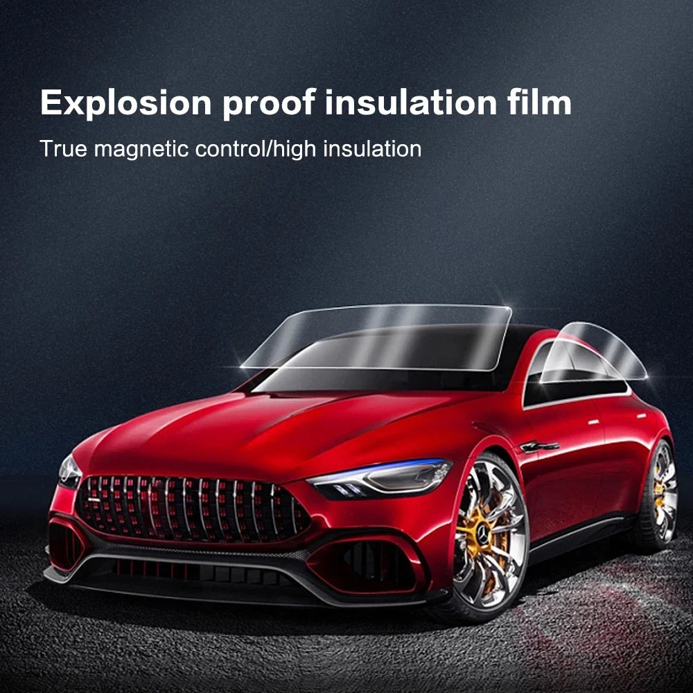 A red car with an explosion proof insulation film applied to the window.