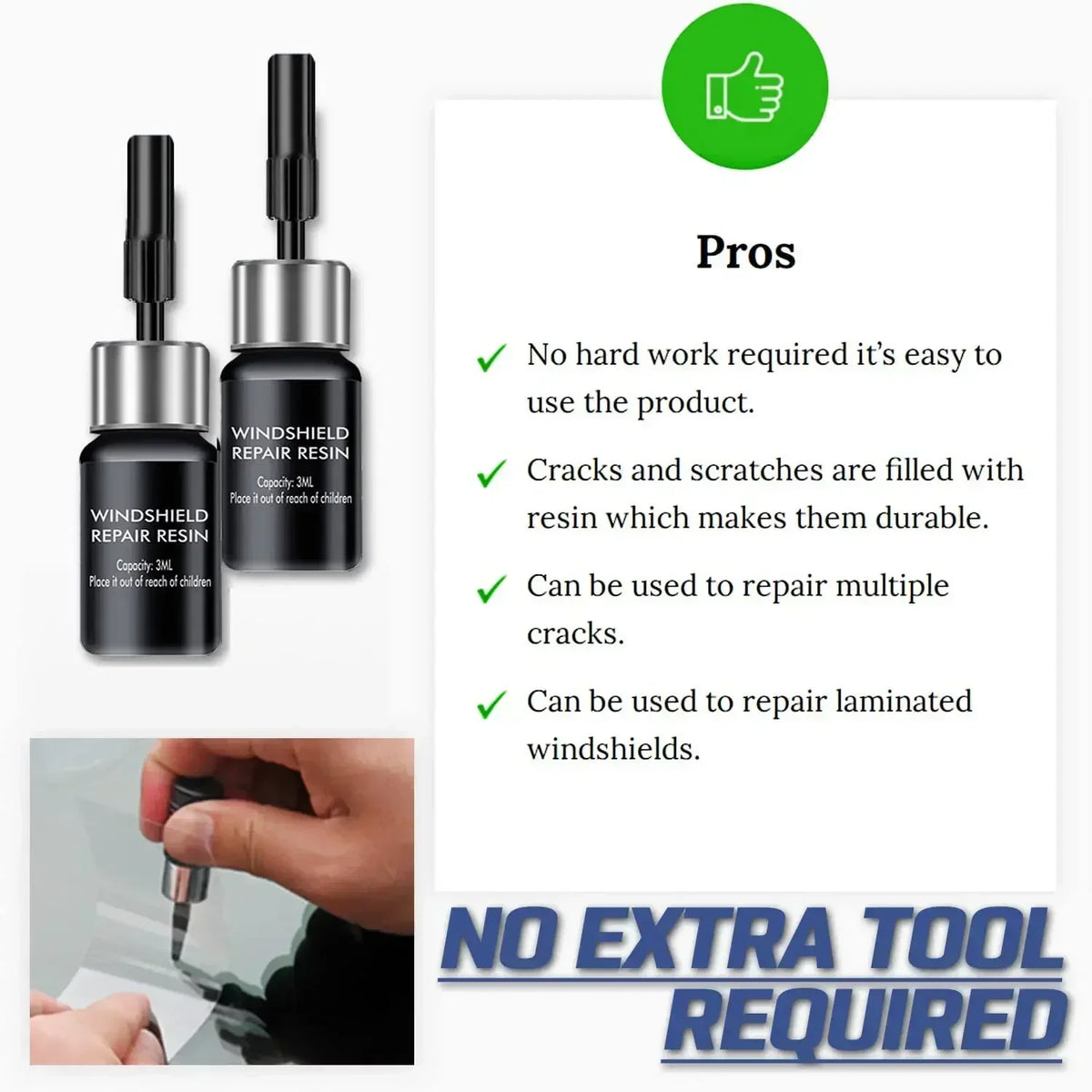 A professional windshield repair kit showing a bottle of resin and a tool for repairing cracks and scratches.