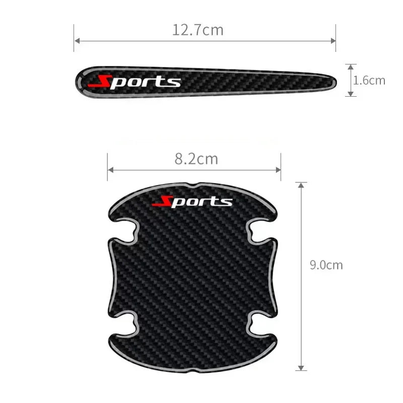 A black sports car door handle scratch protection kit shown in side and top views.