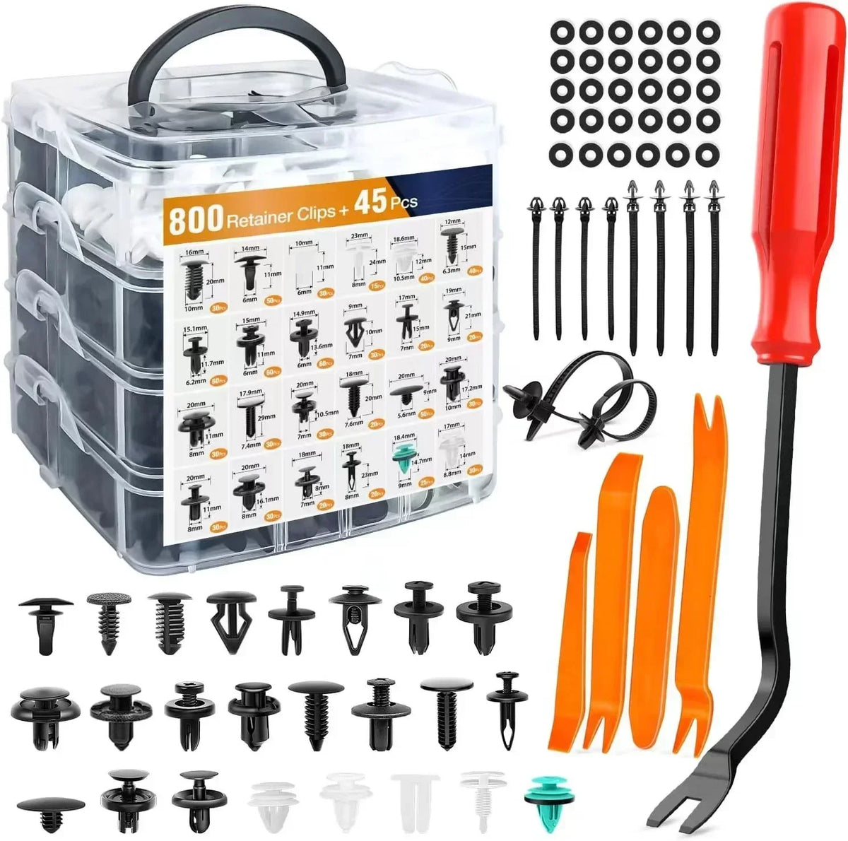 A clear plastic storage box containing 800 retainer clips and 45 pieces of fasteners for automotive use.