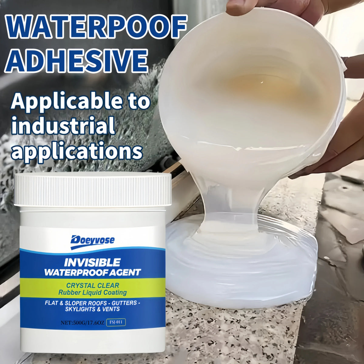 A white bottle of Invisible Waterproof Agent sealant and a clear plastic applicator are shown for industrial applications.