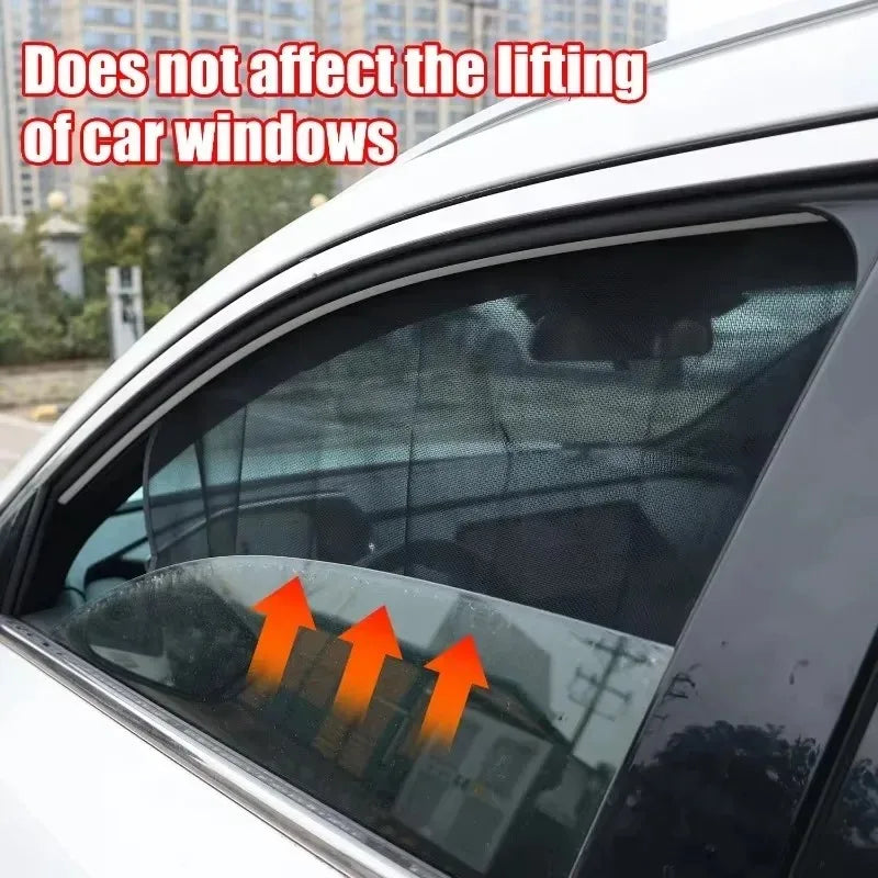A magnetic car window sunshade is shown installed on a car window, with text indicating it does not affect the lifting of car