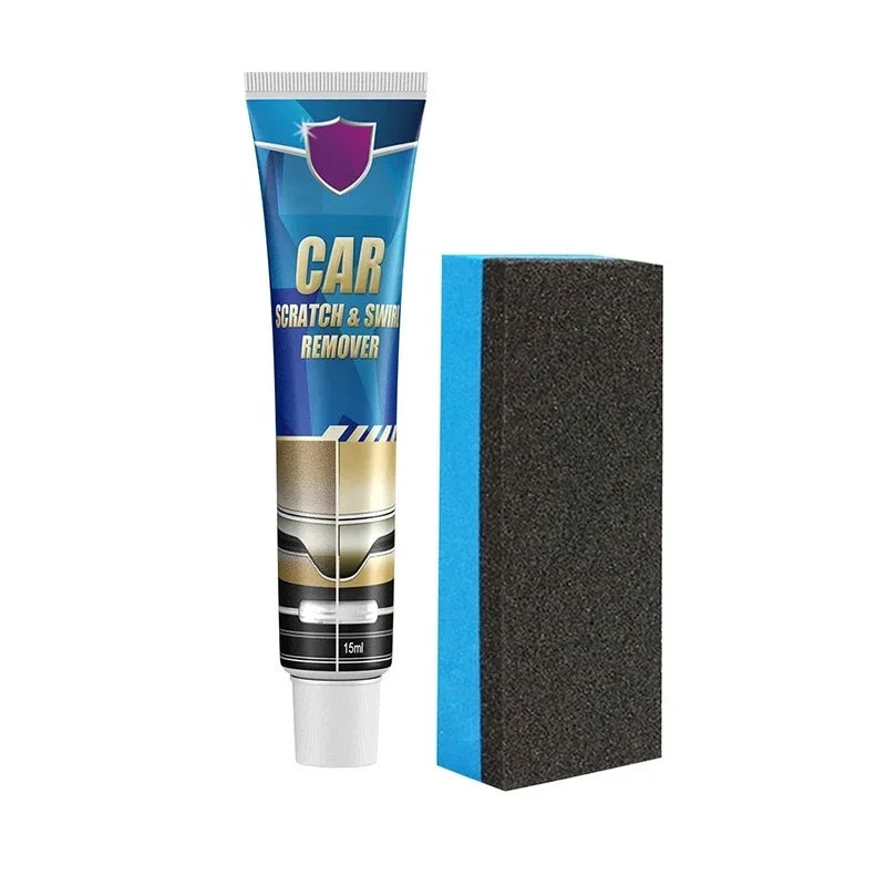 A tube of car scratch and swirl remover polish next to a black foam block.