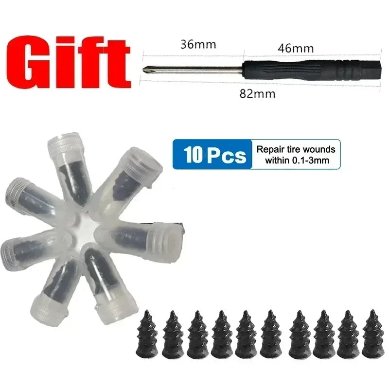 A set of tire puncture repair needles and wound plugs for repairing tire holes.