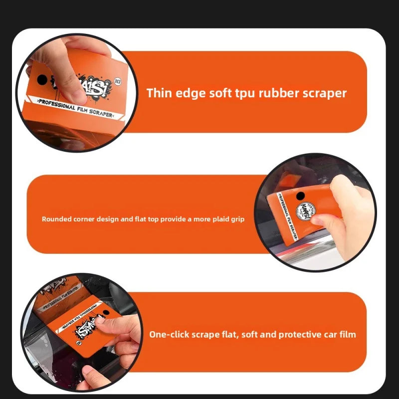 A hand demonstrates a thin edge soft TPU rubber scraper used for professional film scraping on car surfaces.