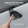 A hand is shown pressing a clip holder mechanism on a car window, demonstrating how to open and close it.
