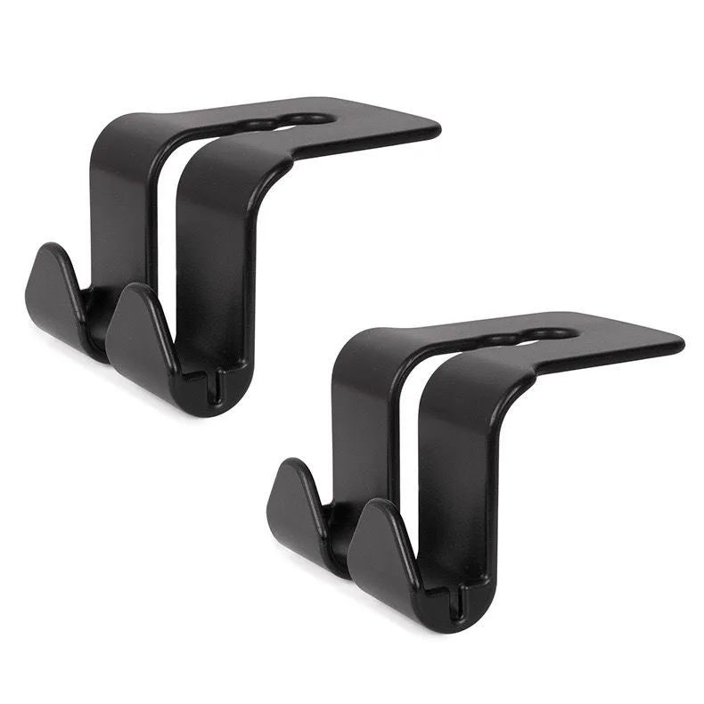A set of four black universal car seat headrest hooks.
