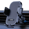 A black textured phone mount designed to clip onto a car vent grille.