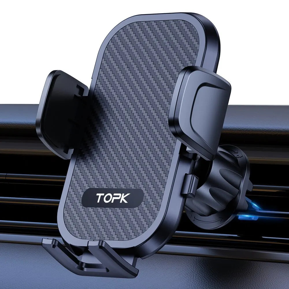 A black textured phone mount designed to clip onto a car vent grille.