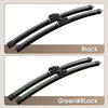 Pair of black and green windshield wiper blades for a Jeep Wrangler