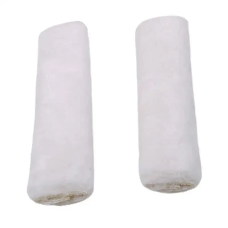 Two white luxury car seatbelt shoulder pads displayed vertically.