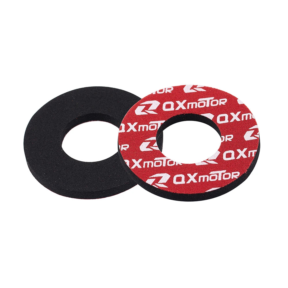 Two black rubber handlebar grips with red and white Xmotor logos