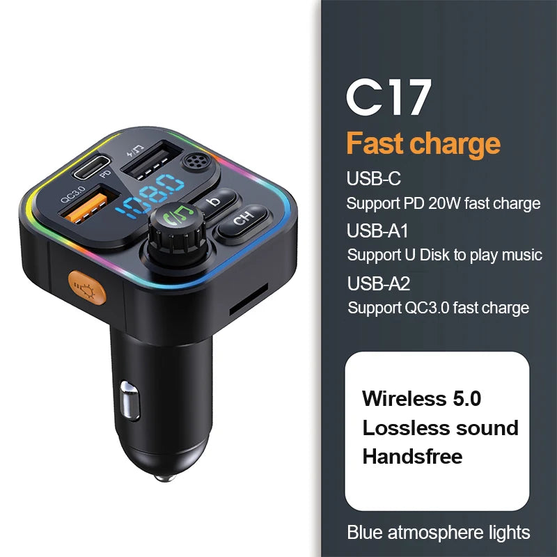 Schwarzes Bluetooth-Auto-Audio-Transmittergerät mit USB-Anschlüssen und Bedienelementen.