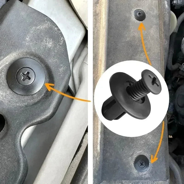 Close-up of an 8mm plastic rivet fastener used in automotive and DIY projects.