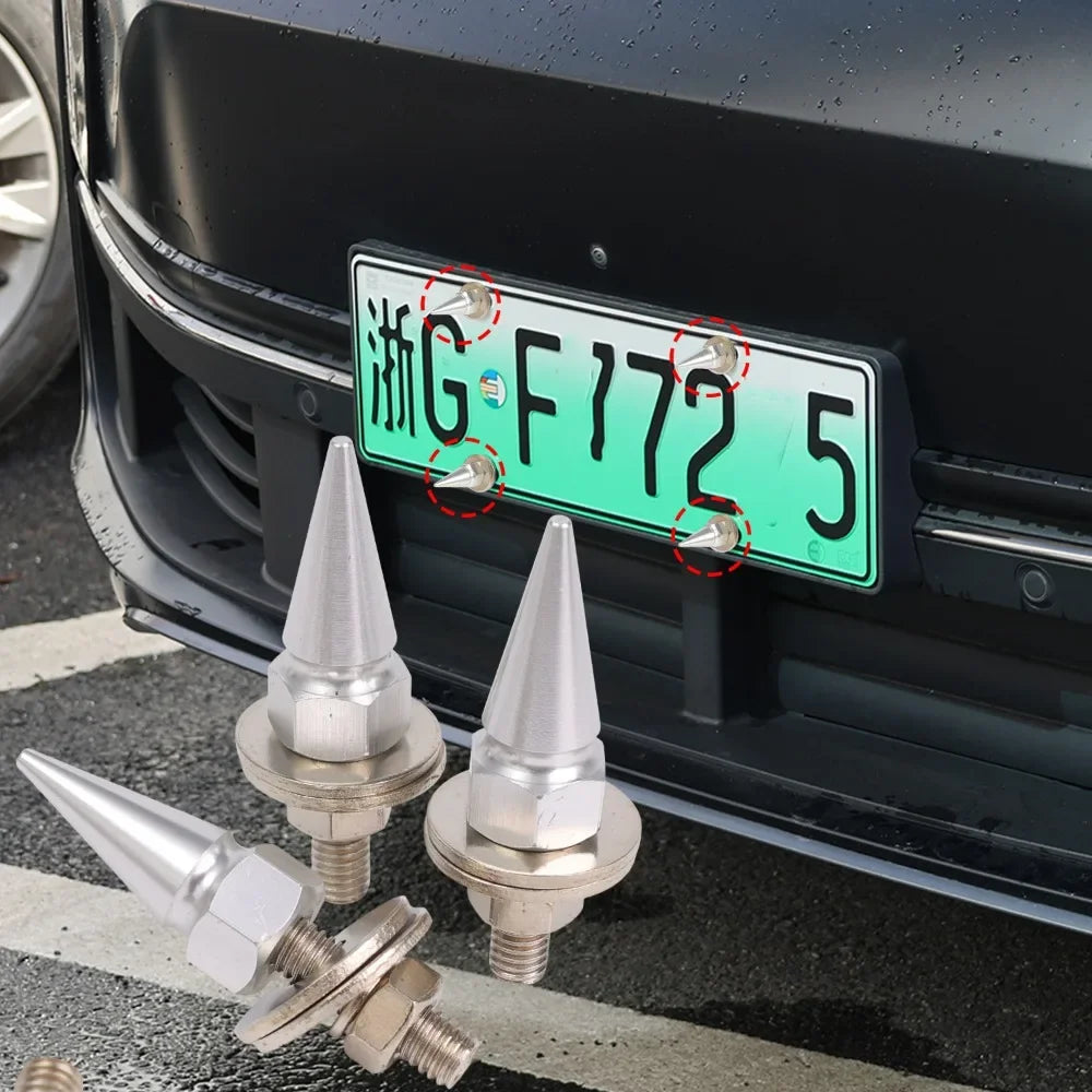 Close-up of a green license plate with characters and a Chinese character, surrounded by various silver M6 license plate scre