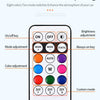 A smartphone screen displays various remote control functions for car lights, including on/off, mode adjustment, color adjust