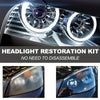 A close-up of a car headlight restoration kit showing a bright, clear lens and internal components.