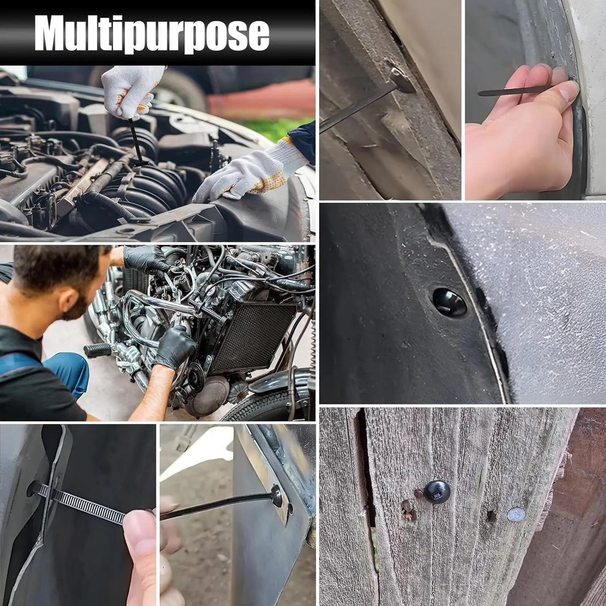 Close-up images showing various applications of heavy duty self-locking nylon cable ties for securing and fastening tasks.