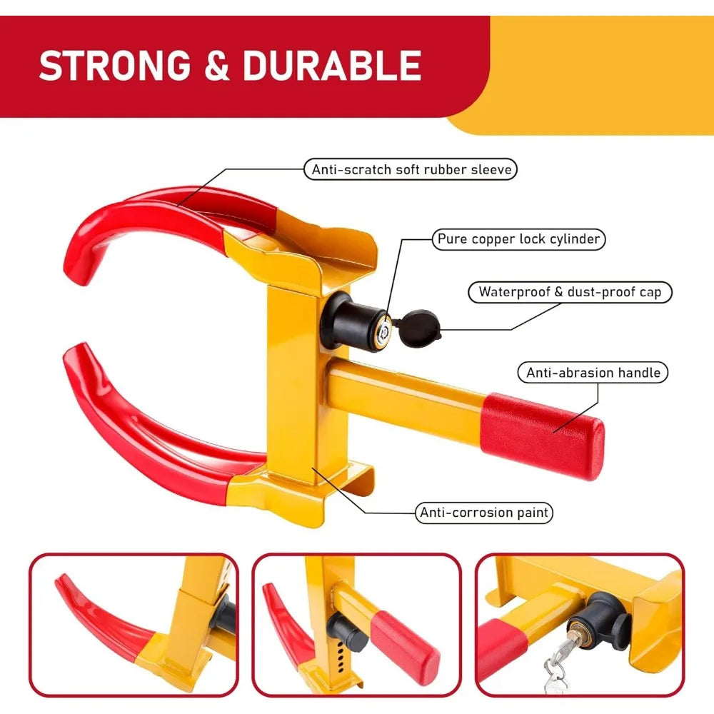 A yellow and red heavy duty adjustable tire lock with a copper cylinder and rubber sleeve.