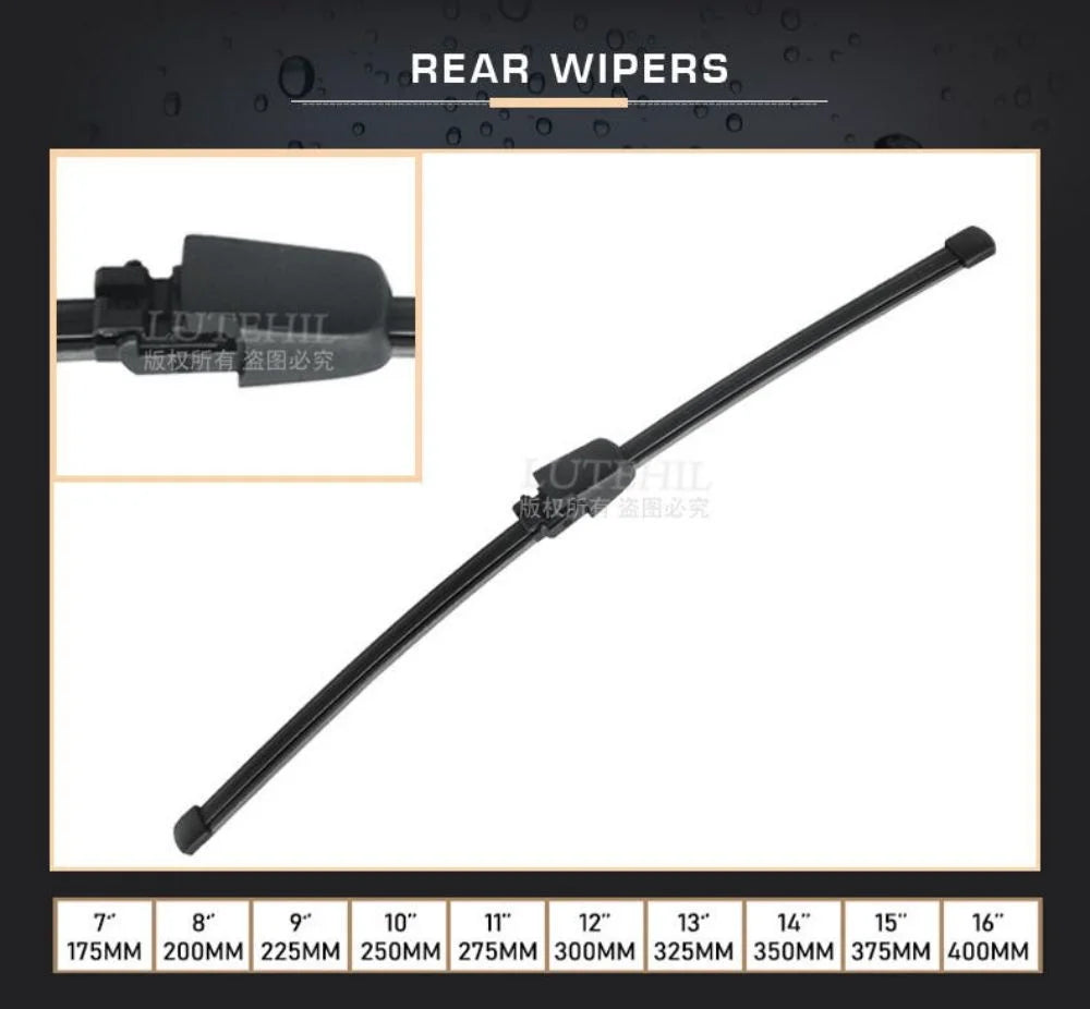 A set of rear wipers for a car, shown with various blade lengths and a separate wiper assembly.