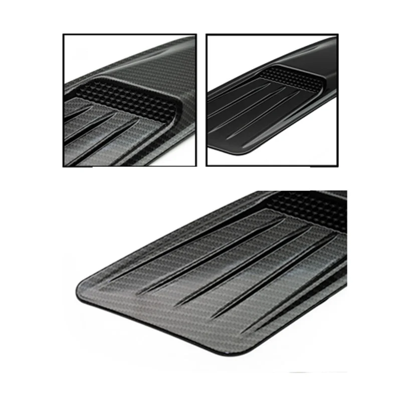 Black retrofit false air outlet hood for a Ford Mustang shown in multiple angles