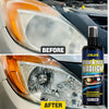 Before and after comparison of a car headlight restoration product on an automotive lens.
