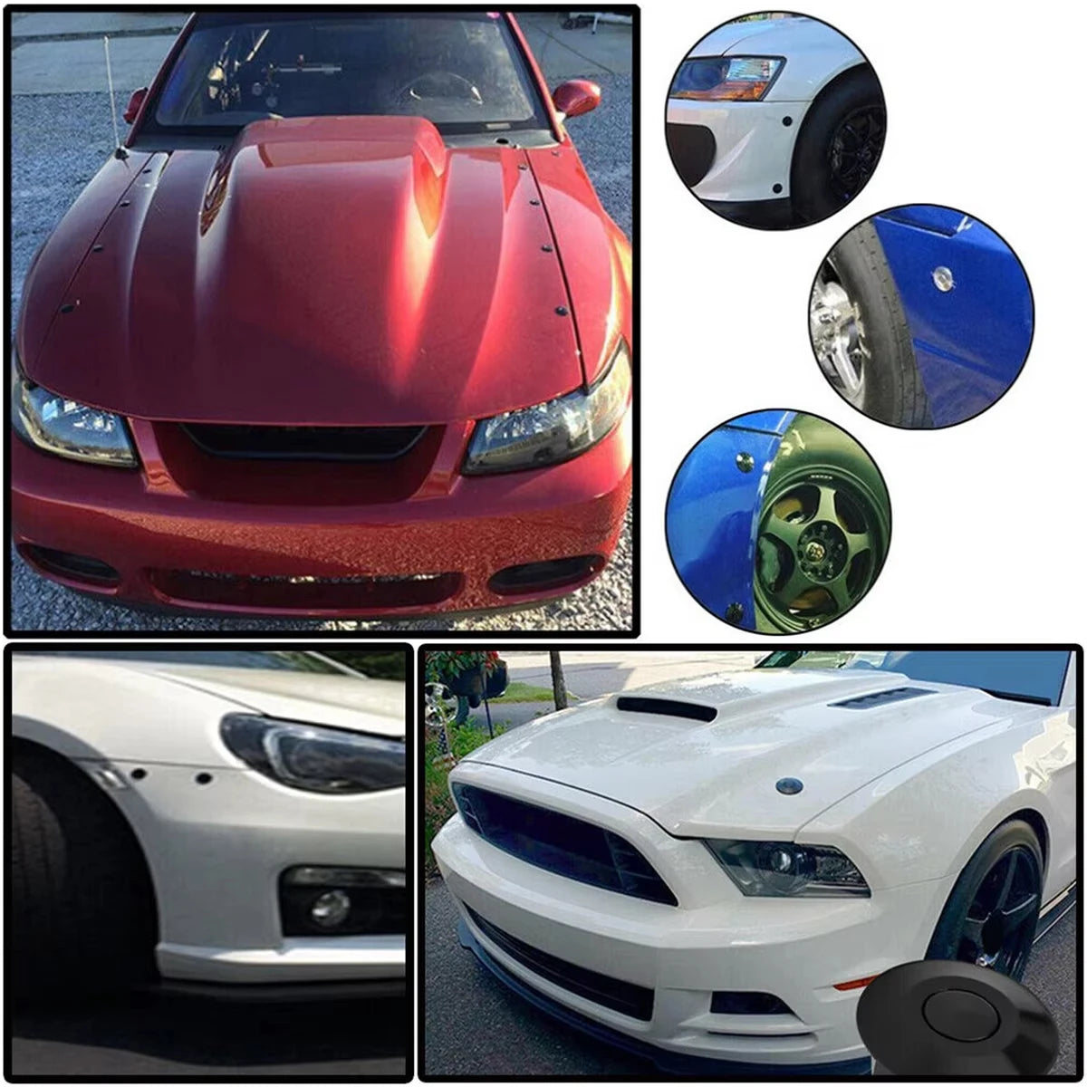 Close-up view of a red sports car hood with various universal pin locks and accessories.