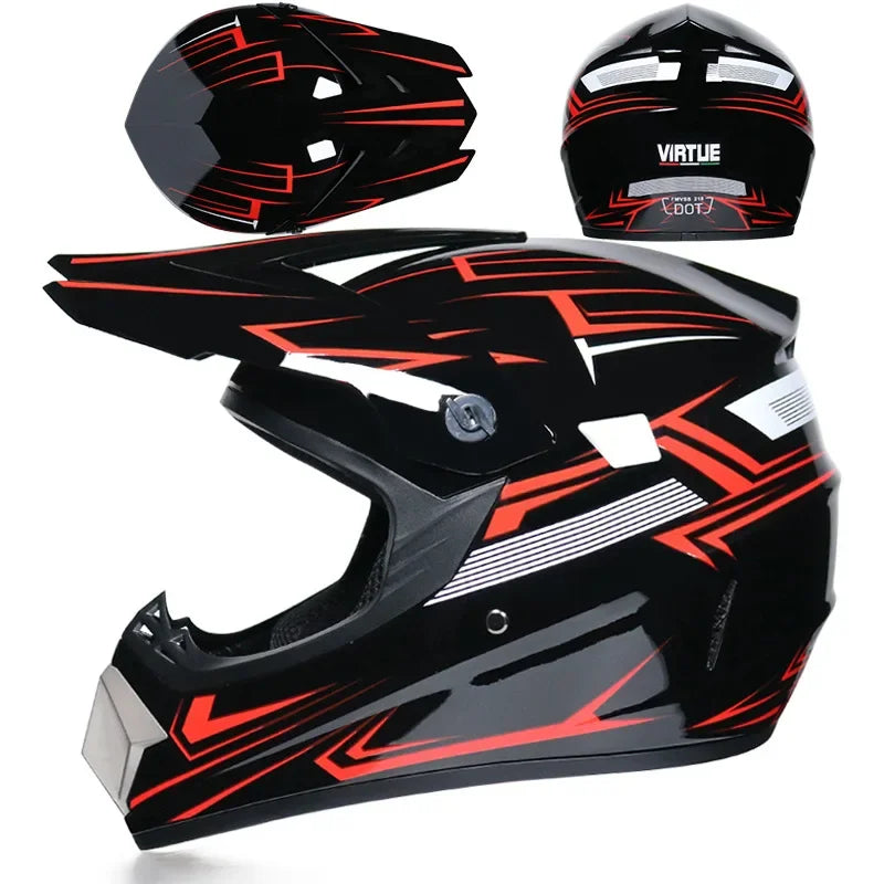 Black and red kids and motorcycle off-road safety helmet shown from the side.