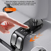 A hand is adjusting a retractable hanging arm hook on a car seat using a button to extend or shorten the length.