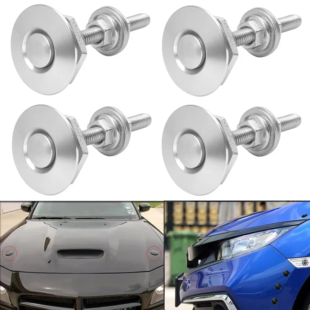 Silver universal car hood pin locks shown in various angles for securing vehicle hoods.