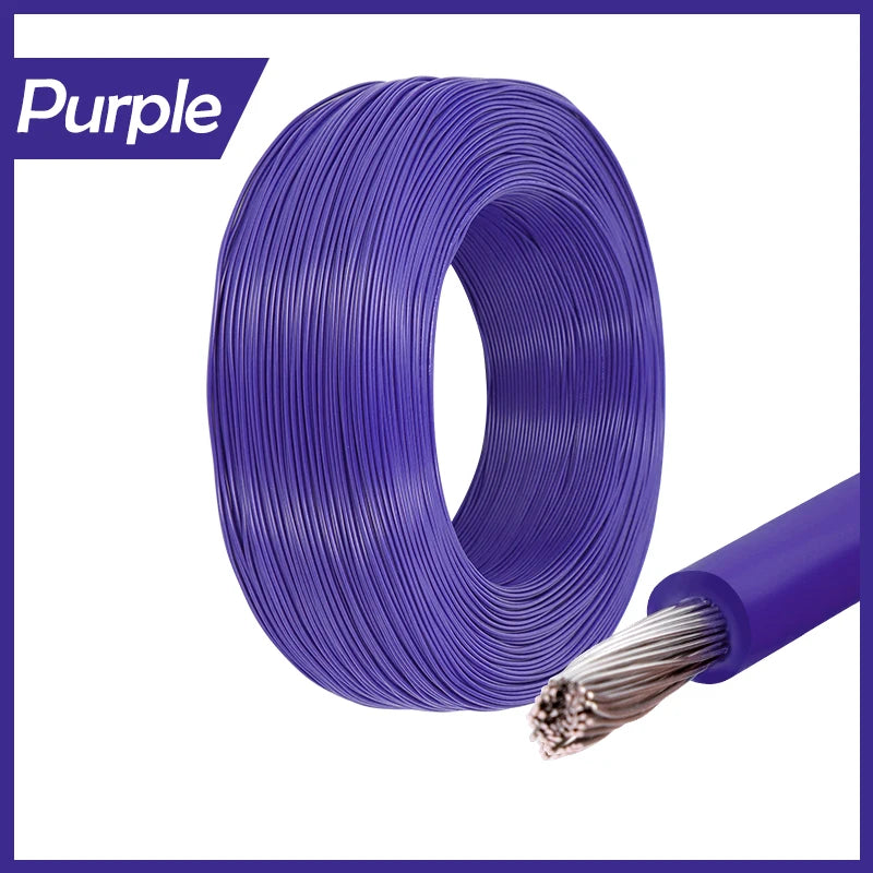 Purple insulated multi-stranded copper wire coiled and uncoiled to show its thickness