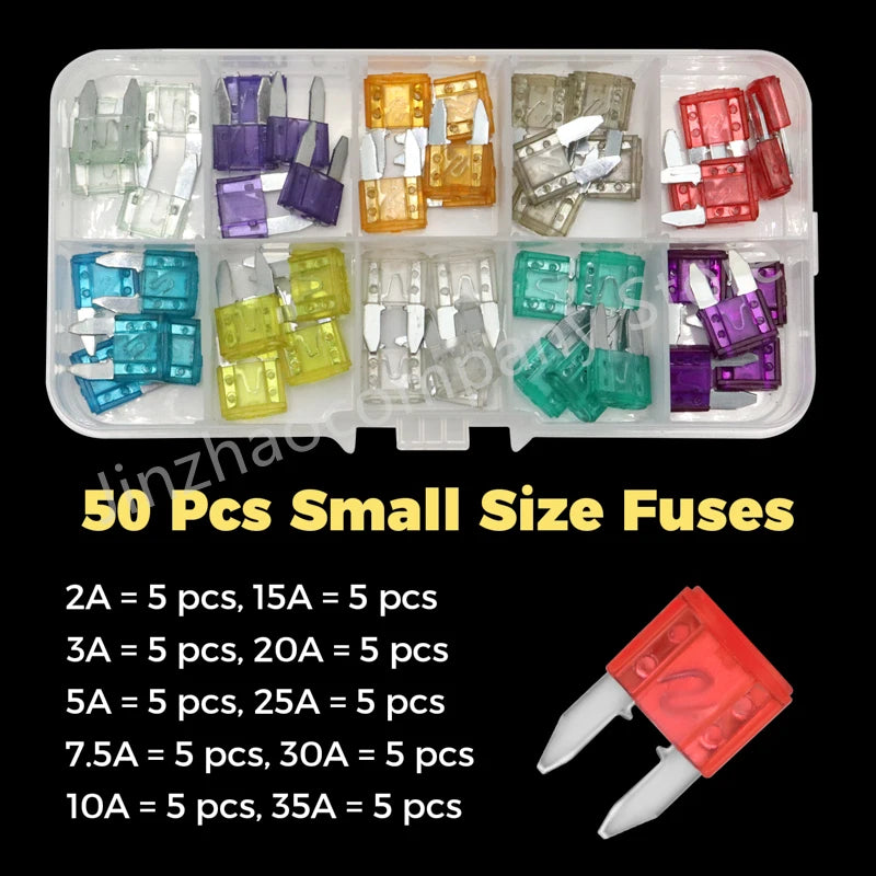 Assortment kit of 50 small size fuses in various colors and amperage ratings