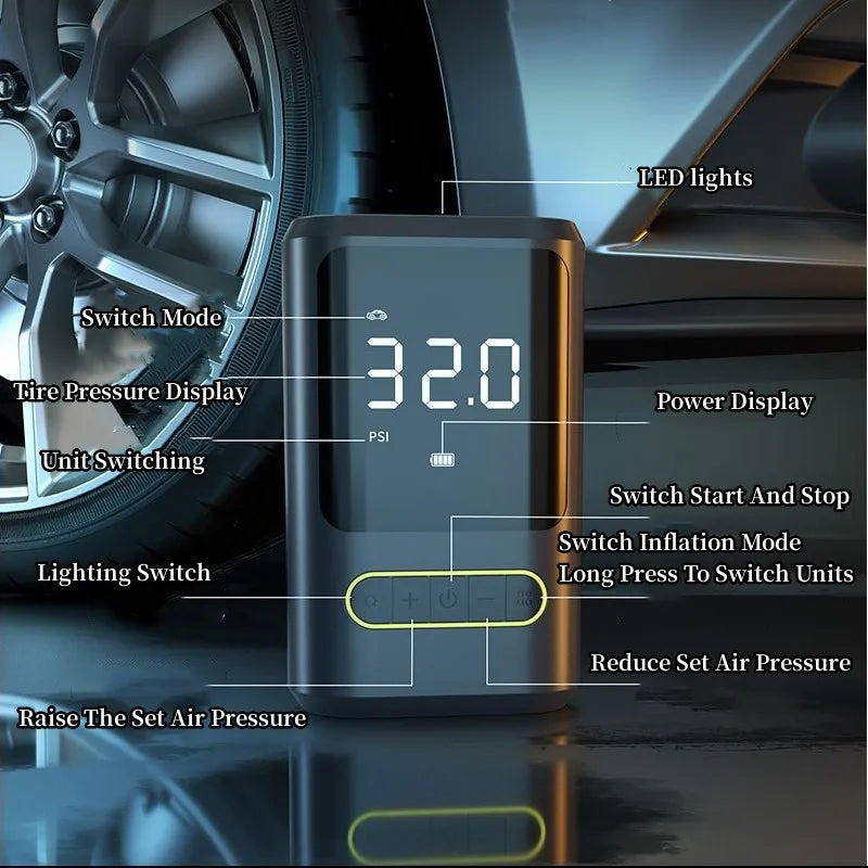 Un inflador eléctrico portátil con pantalla digital y botones de función en una rueda de vehículo.