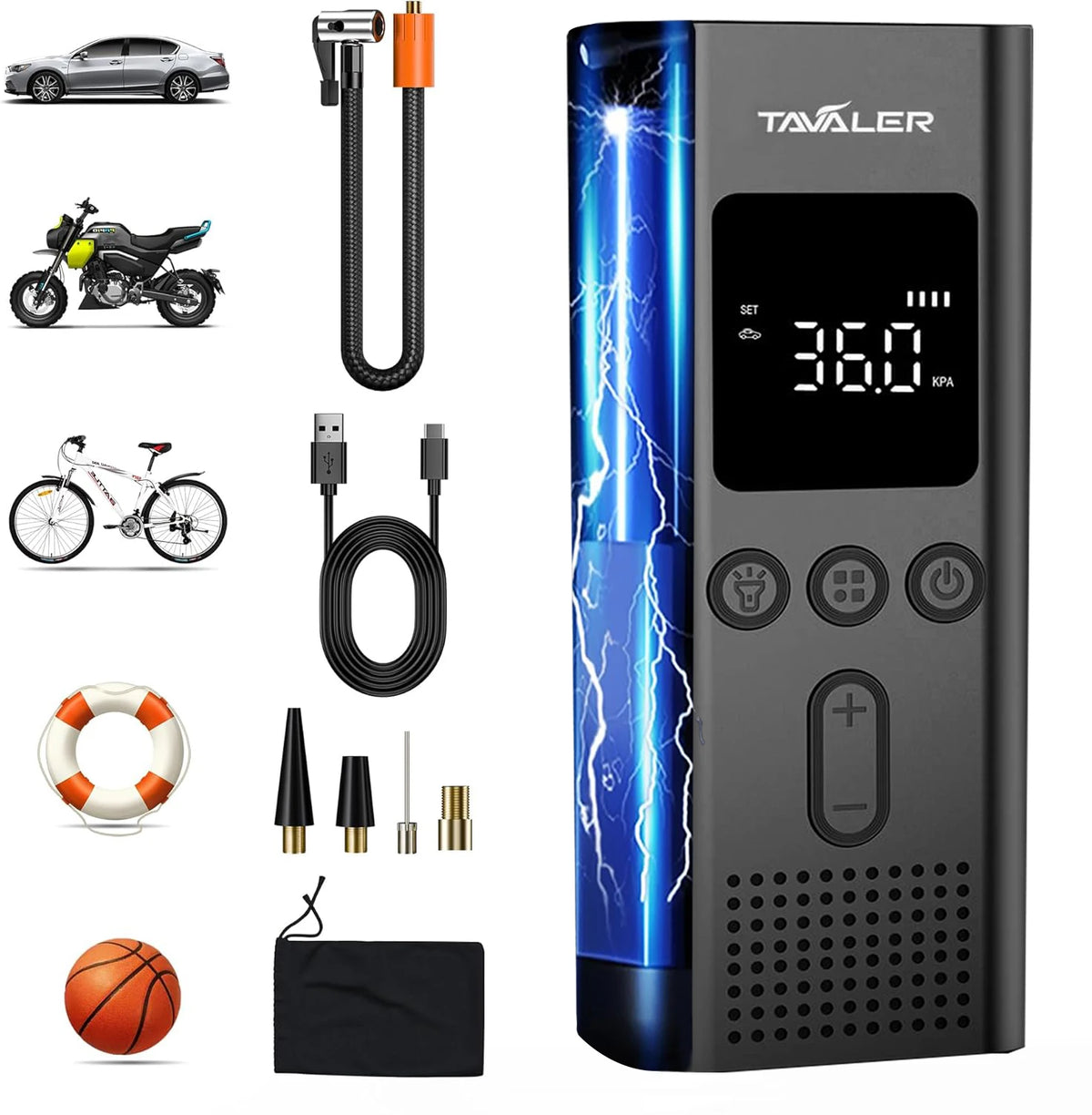 A black portable digital tire inflator device with a blue light, cables, and accessories shown next to the main unit.
