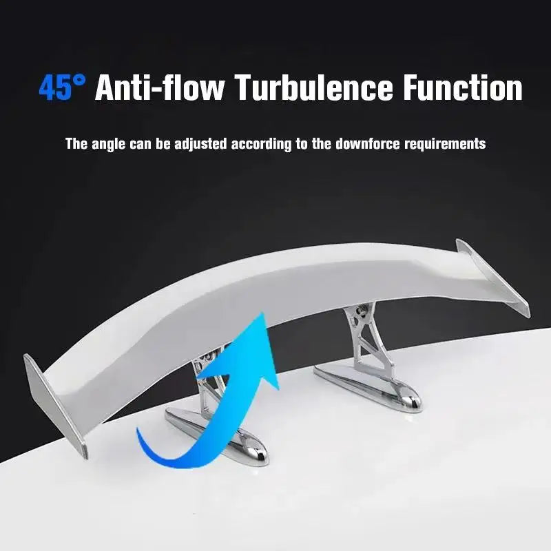 A white carbon fiber rear car spoiler wing with an adjustable 45 degree anti-flow turbulence function.