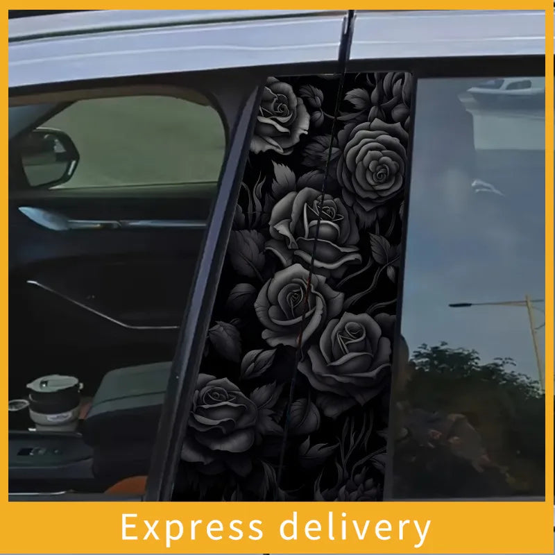 Black rose car B-pillar decal set applied to a vehicle window.