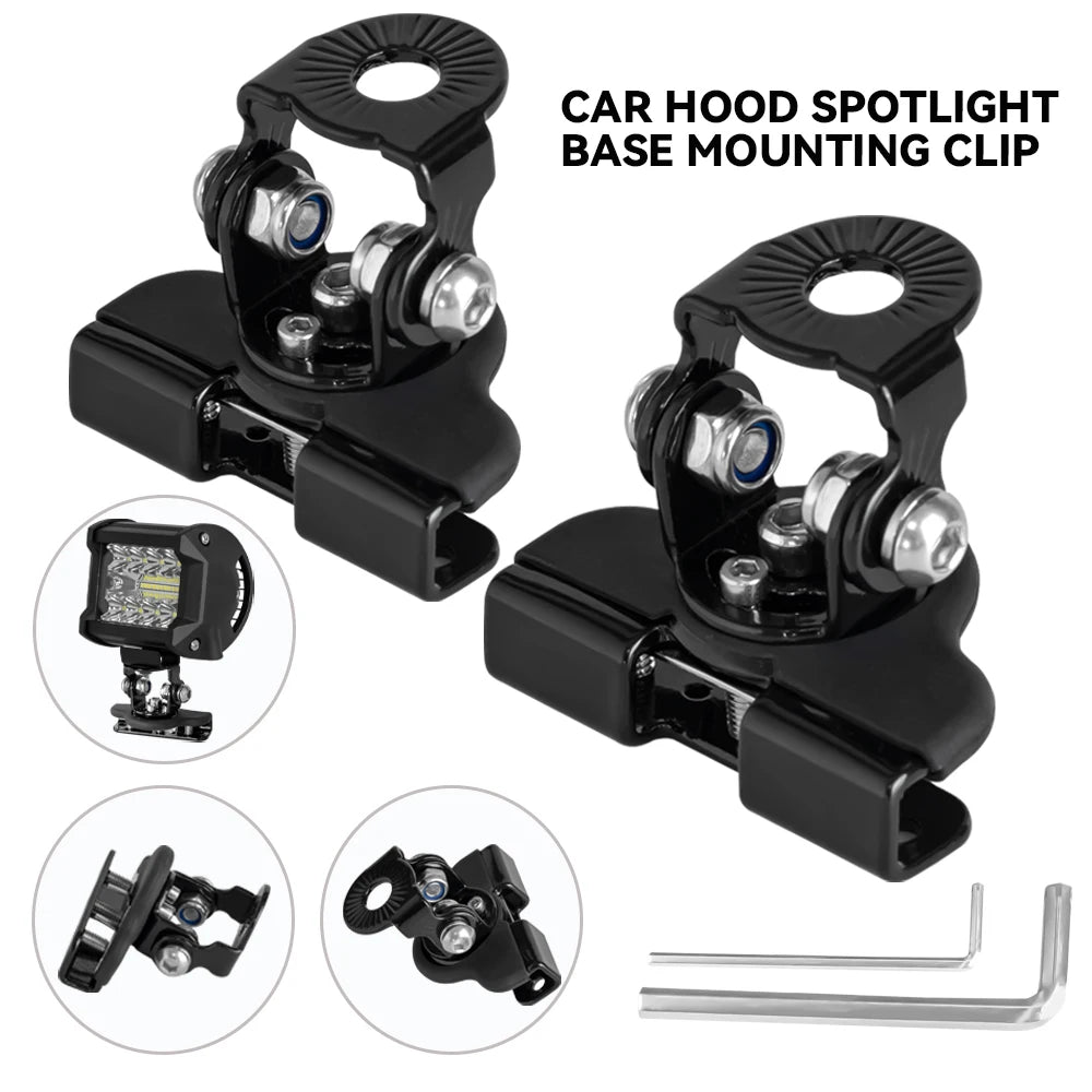Car hood spotlight base mounting clip and related brackets for universal LED light bars