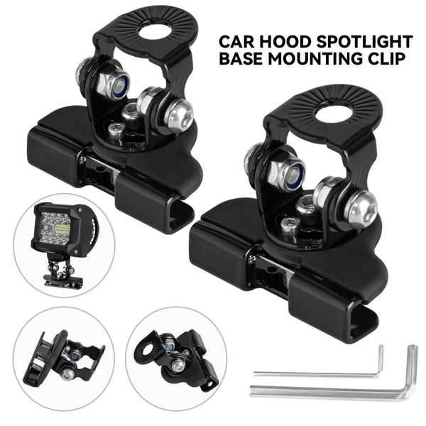Car hood spotlight base mounting clip and related brackets for universal LED light bars