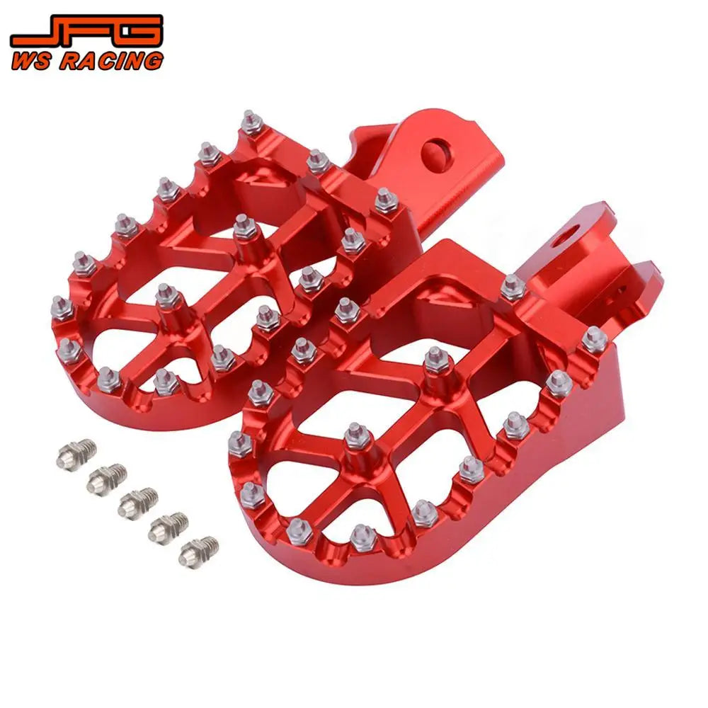Red heavy-duty CNC foot pegs for motorcycles with mounting bolts