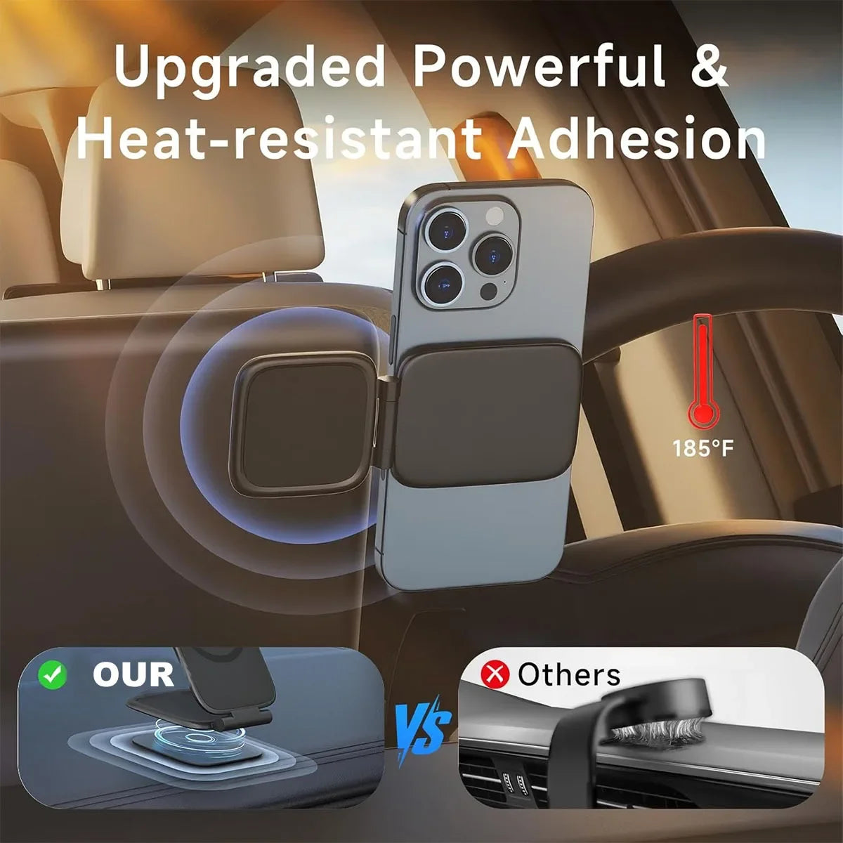 A phone holder is shown being installed in a car seat, demonstrating upgraded powerful and heat-resistant adhesion.