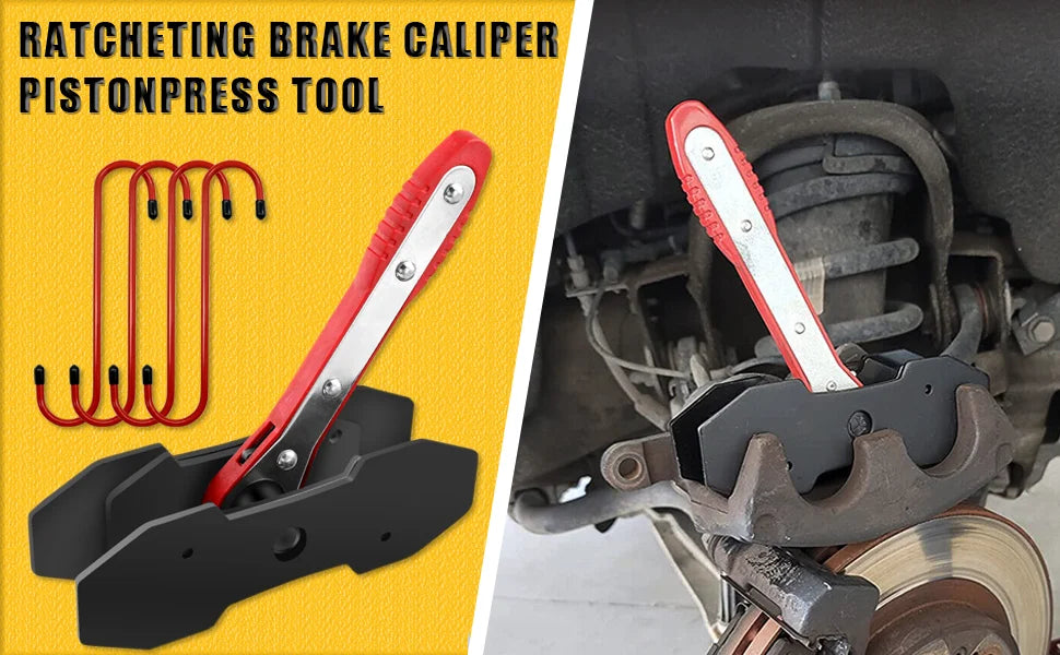 A red and silver ratcheting brake caliper piston press tool is shown next to a brake caliper assembly.