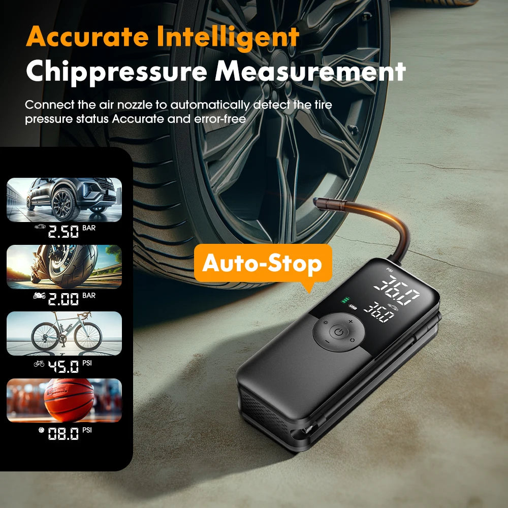 A black portable digital air pump is shown next to a tire and ball, demonstrating accurate tire pressure measurement.